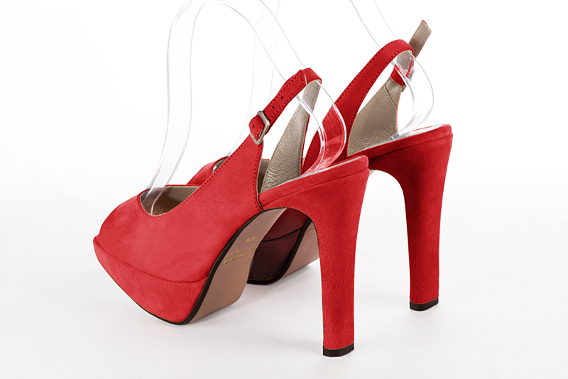 Scarlet red women's slingback sandals. Round toe. Very high slim heel with a platform at the front. Rear view - Florence KOOIJMAN